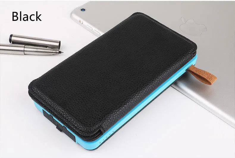 Outdoor solar power bank charger in multiple colours with a solar panel and LED light.