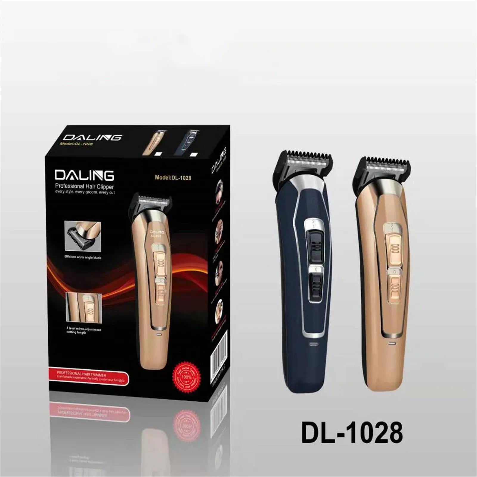 Dark blue and coffee coloured rechargeable electric hair clipper with USB charging cable.