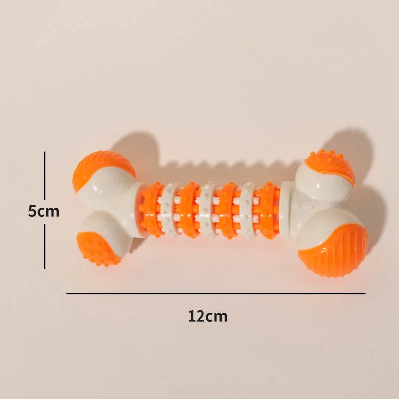 Blue bone-shaped interactive dog toy for small breeds with chewable ends and central treat holder