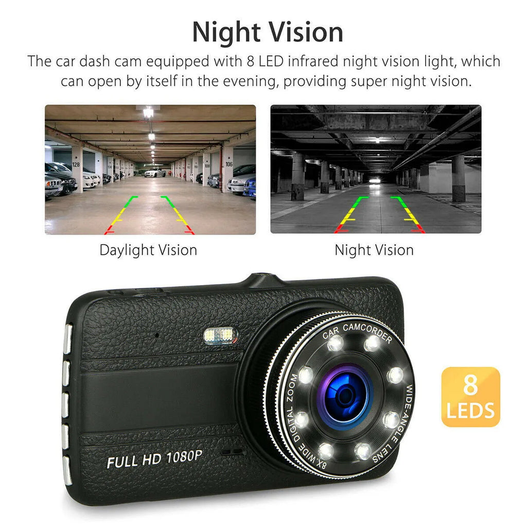 HD driving recorder with eight night vision lights and 4.0 inch screen installed on car windscreen