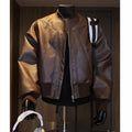Men's black PU leather litchi grain jacket with extended length and tight-fit business casual style