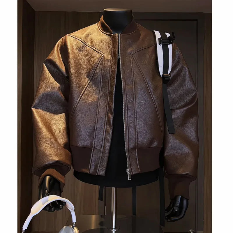 Men's black PU leather litchi grain jacket with extended length and tight-fit business casual style