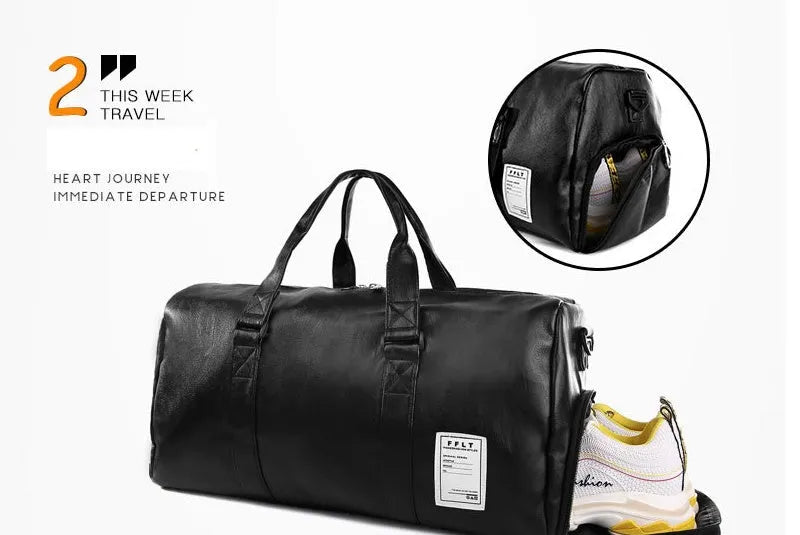Black waterproof sports bag with side shoe compartments showing diagonal straps and two size options