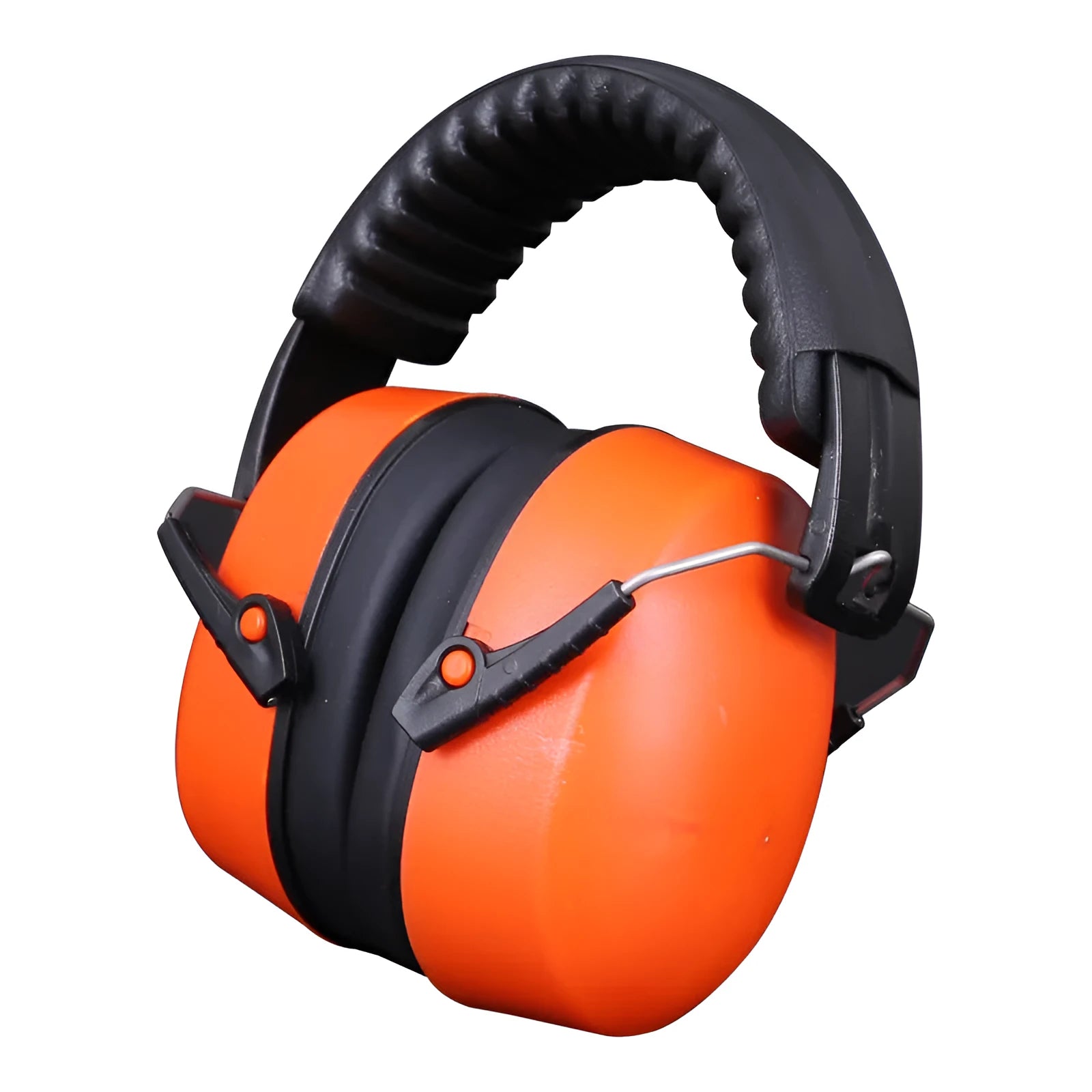 Orange headband-style noise-cancelling earmuffs with adjustable elastic band and fabric ear cushions