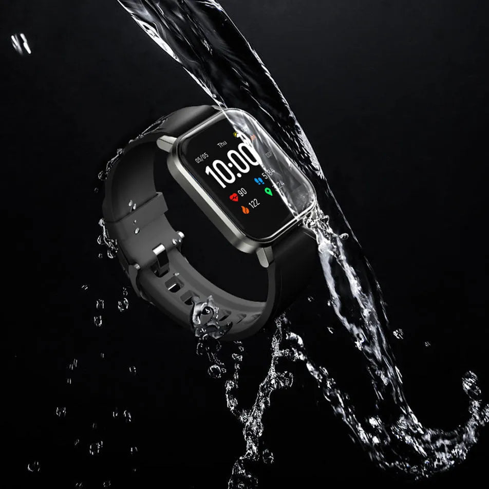 Black waterproof smart bracelet with 1.4-inch screen on silicone wrist strap showing heart rate display