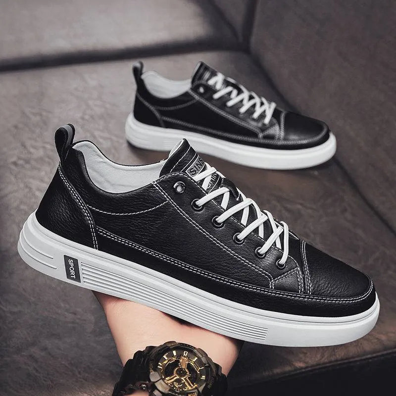 Men's casual white PU shoes with round toe and flat bottom design on size chart