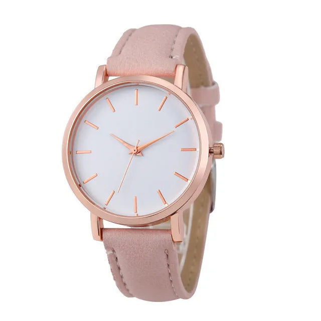 Square alloy case quartz watch with PU leather strap in various colours including grey, green, pink, and black.