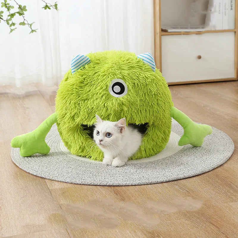 Round fluffy cat bed with non-slip base in three size options
