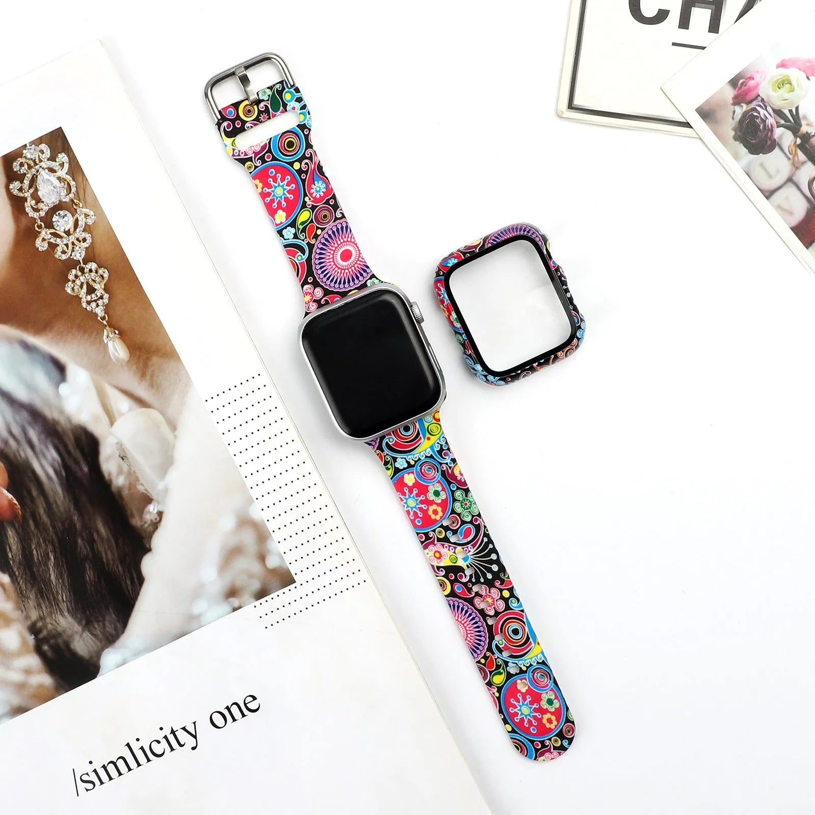 Printed silicone replacement watch strap for Apple Watch in multiple sizes and style designs.
