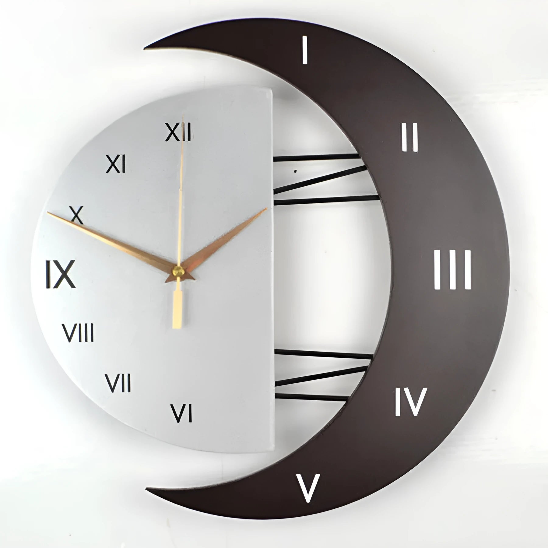 Round wooden MDF wall clock with 24-hour indication, sweep movement, Arabic numerals, and a white face with black hands.