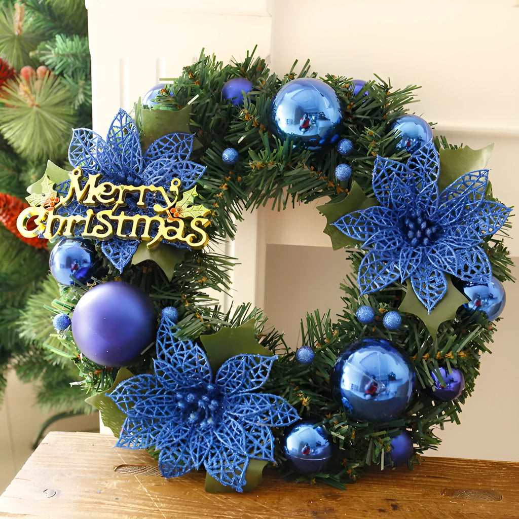 30cm multicolour plastic Christmas wreath decoration for doors in blue, gold, pink, purple, red, or silver