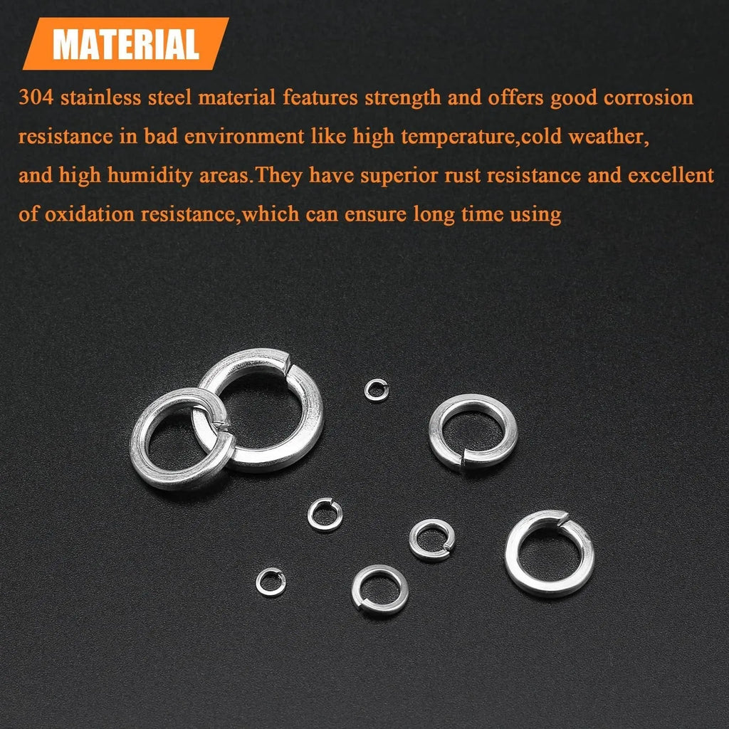 Open box showing an assortment of 304 stainless steel spring lock washers in various sizes.
