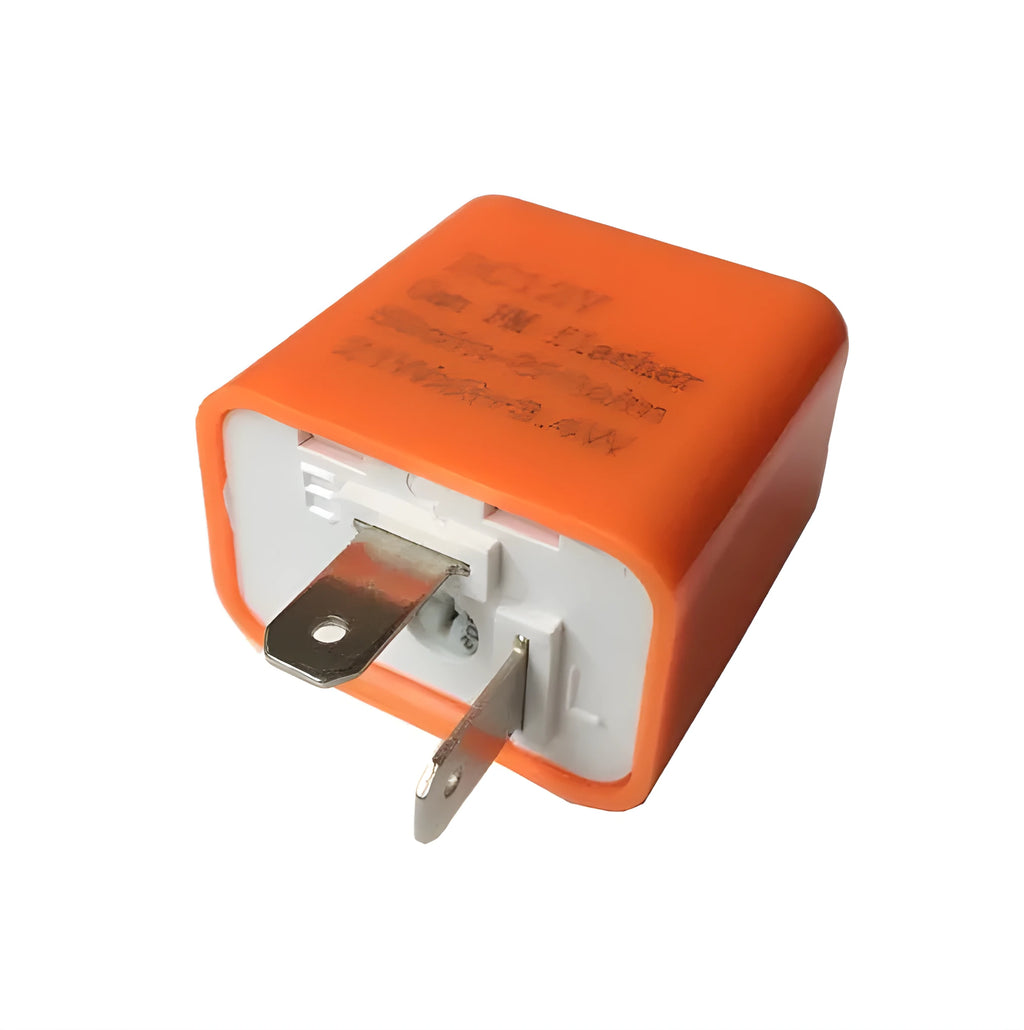 2 pin motorcycle adjustable flasher turn signal LED relay in black with orange housing detail