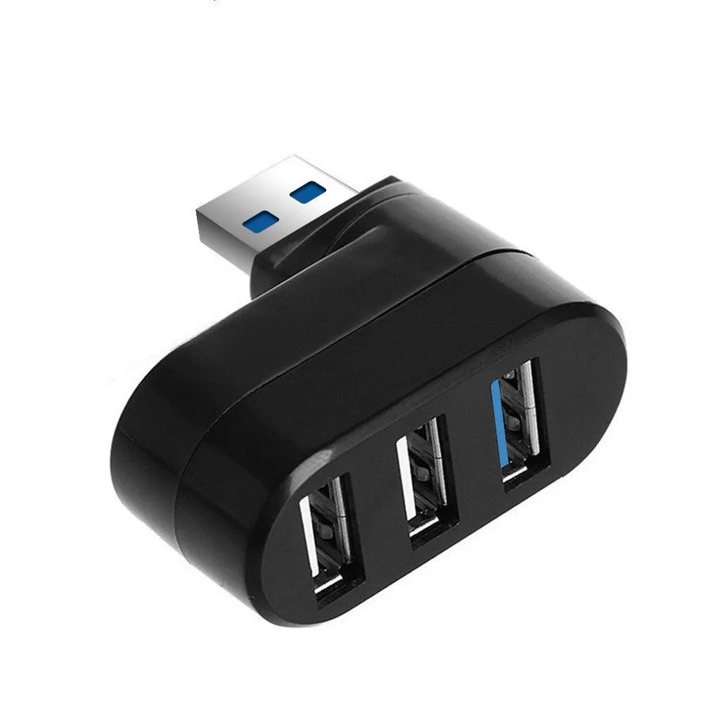 Black and white USB rotary splitter hub with four USB ports showing rotational design