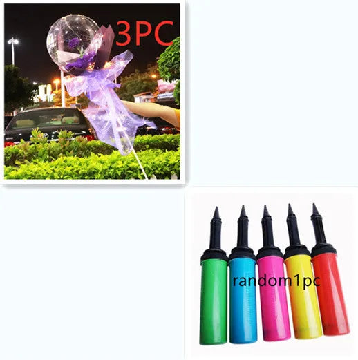 Transparent LED luminous balloon with artificial rose and built-in light, shown as a DIY bouquet kit.