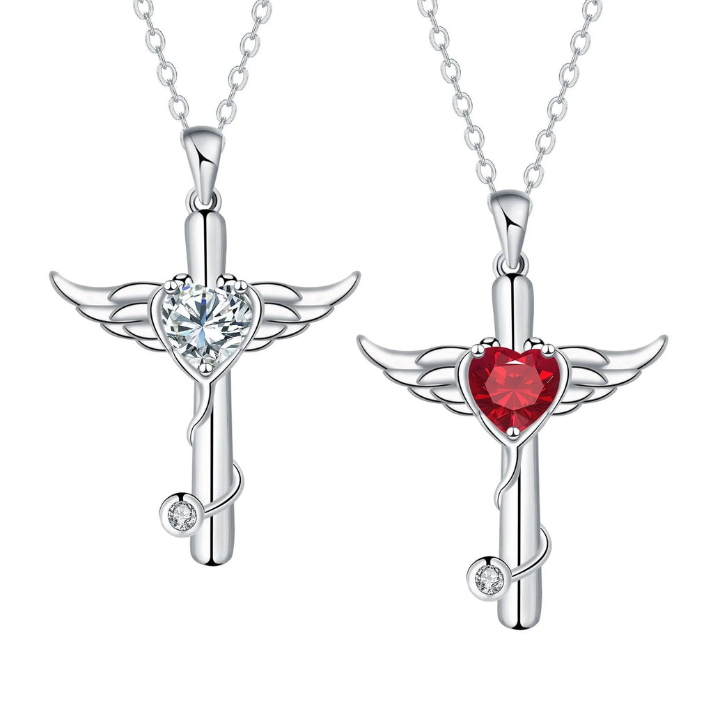 A copper stethoscope necklace with a cross and wings pendant in Red Diamond finish