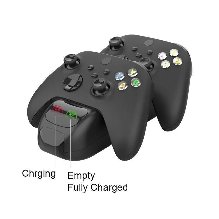 Black wireless charging station for two Xbox Series X controllers with LED lights, showing included rechargeable battery packs.