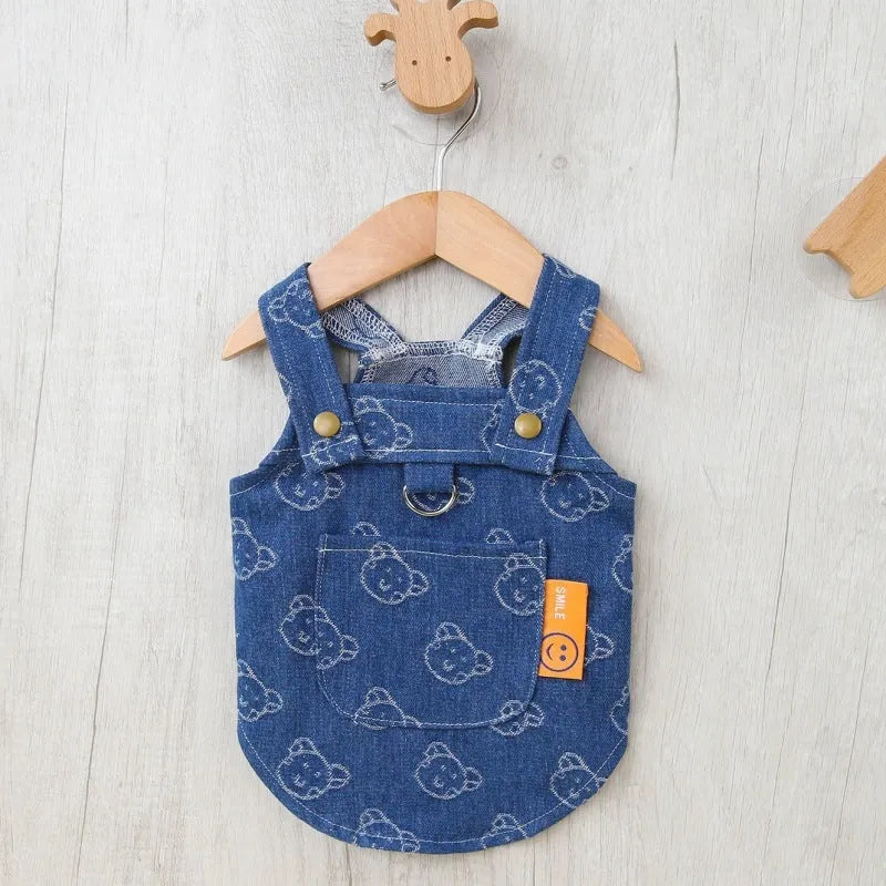 Small dog wearing denim princess dress with bracket skirt design for spring and autumn seasons