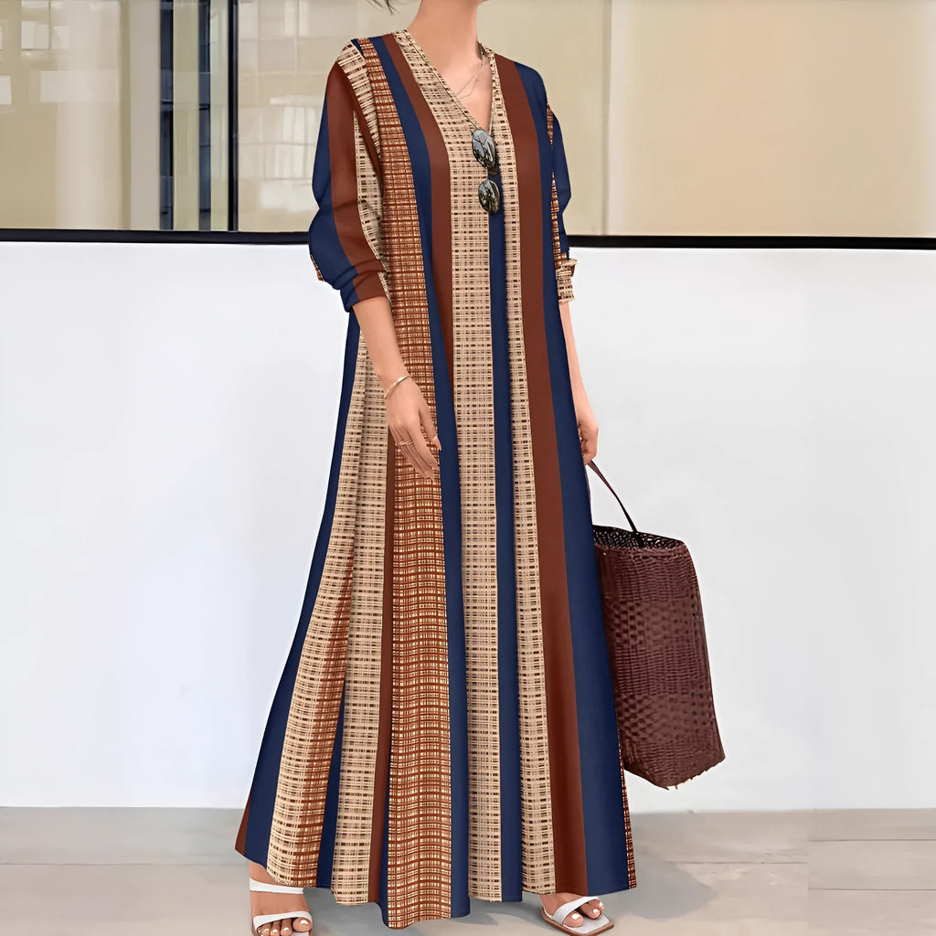 Women's camel coloured vertical striped V-neck dress with long sleeves and A-line skirt