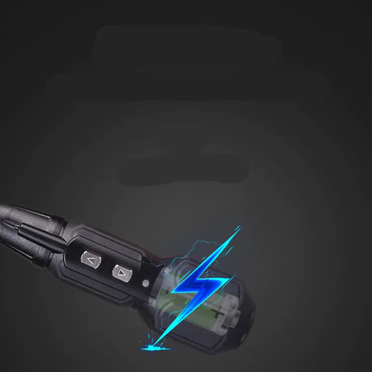 Black and blue alloy steel straight handle cordless electric screwdriver on a workbench.