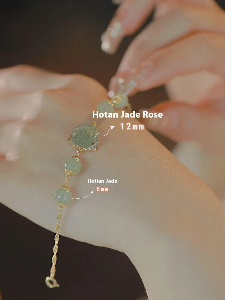 Hetian jade women's bracelet with rose flower design and 14K gold gilding details