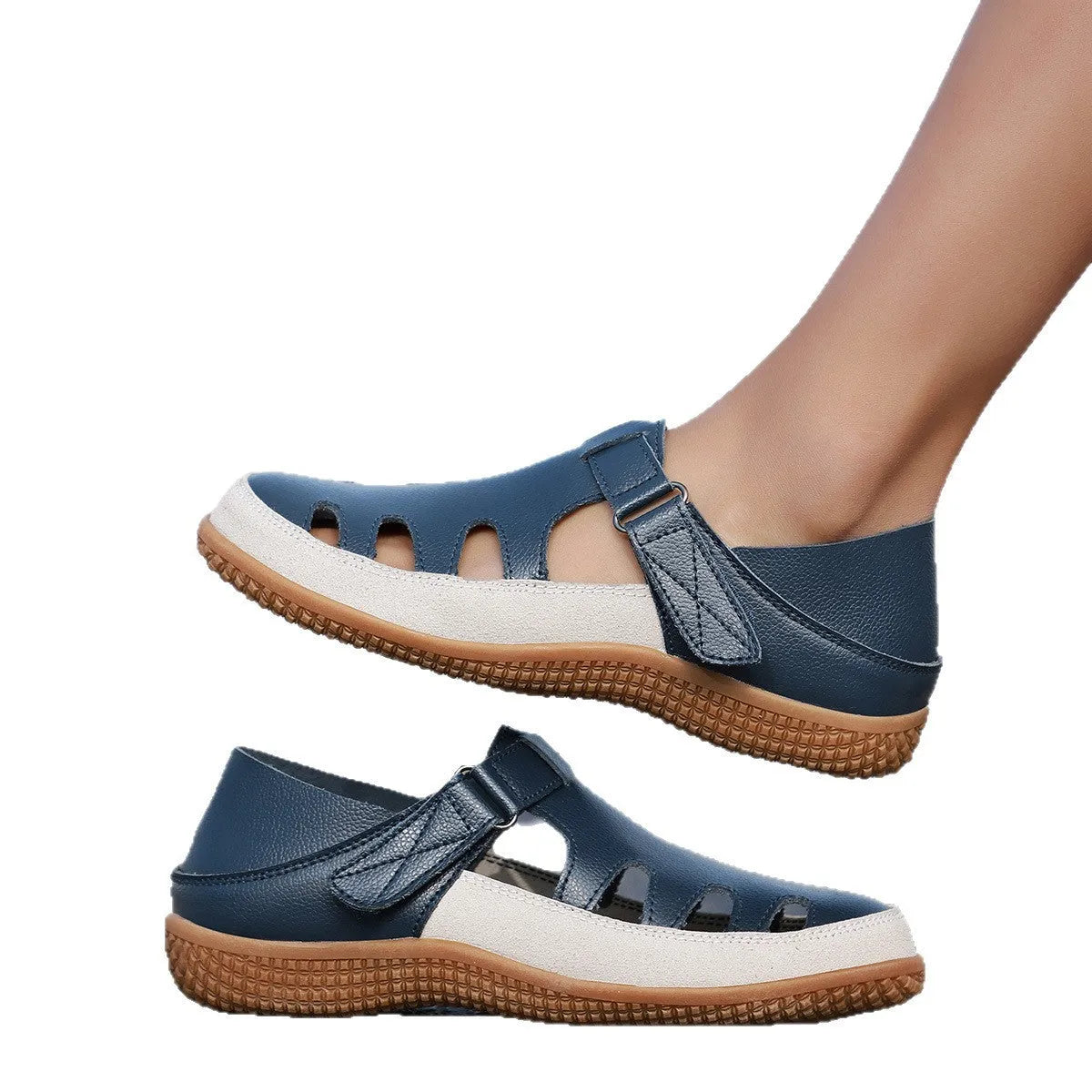 Women's plus size flat sandals with hollow-out toe cap in red, white, or blue on a thick rubber sole.