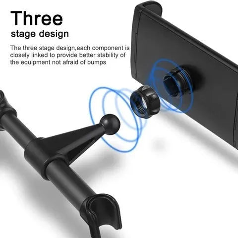 Black plastic car phone holder with universal tablet compatibility mounted on vehicle rear seat