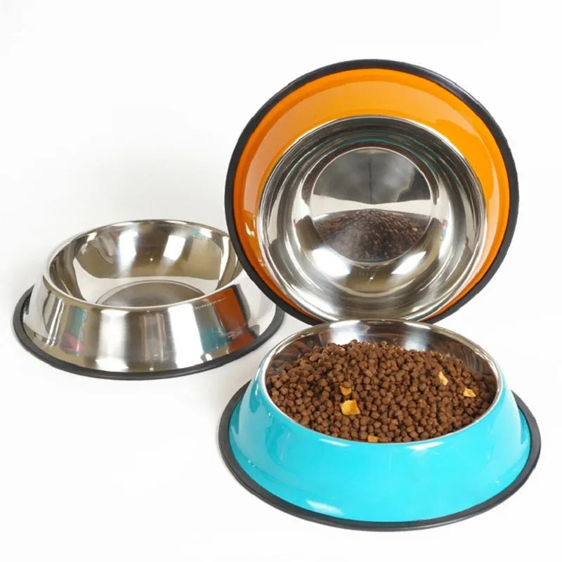 Pet feeding bowl with stainless steel inner, colourful melamine outer, and anti-slip rubber base