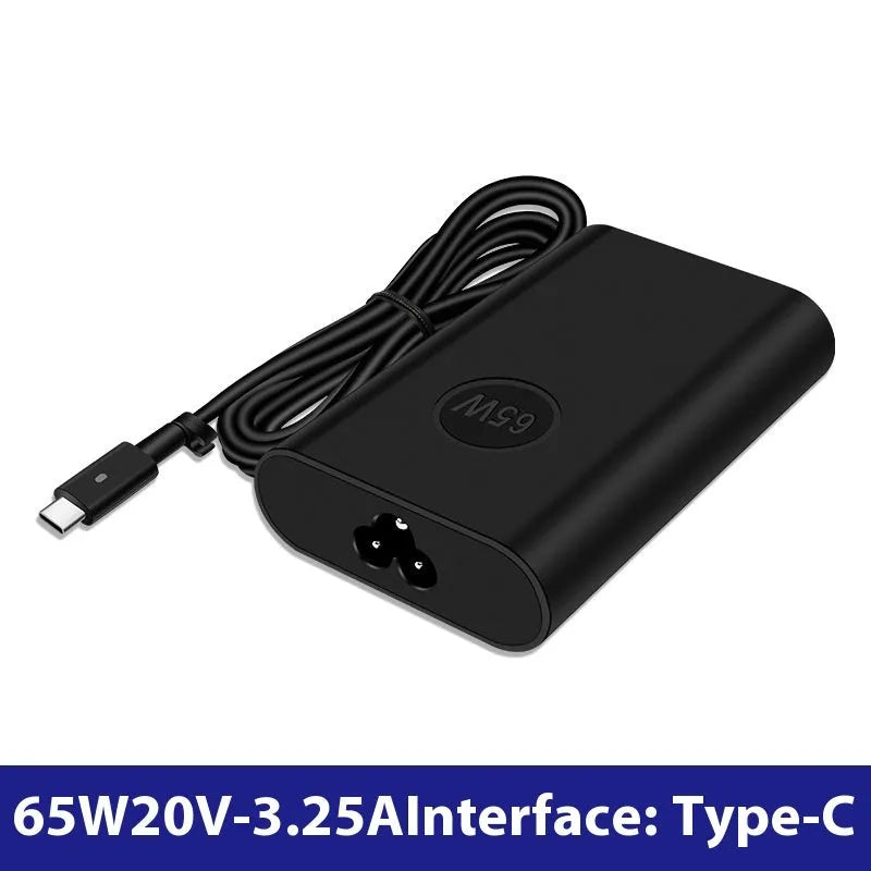 Black 65W Type-C laptop power adapter with a set of interchangeable international plug heads.