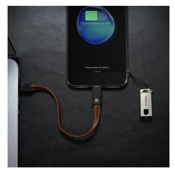 20cm leather iPhone charging cable with zinc alloy connectors in black, brown, or red