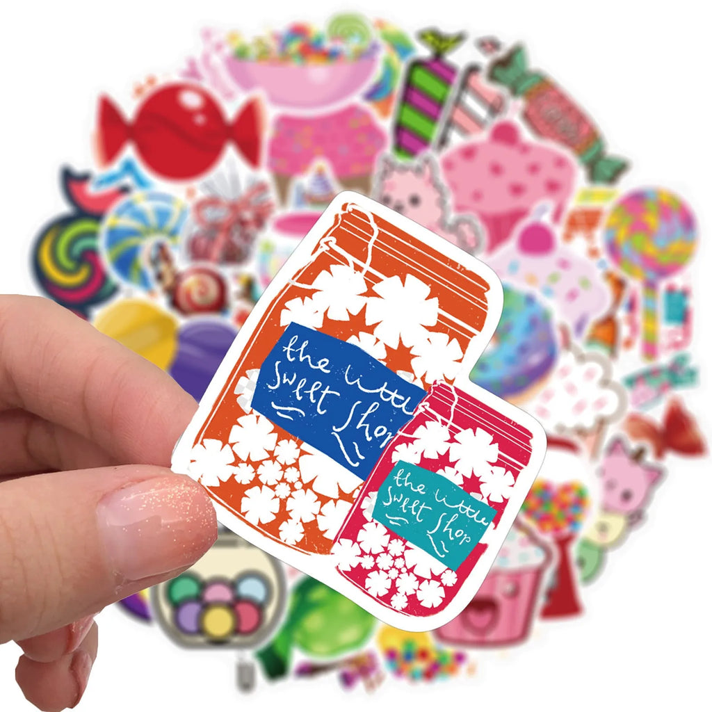 Assortment of colourful candy graffiti and cartoon stickers from a 50-piece pack on a white background.