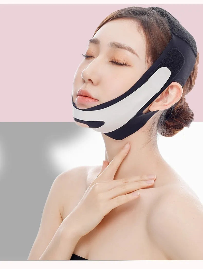 Far infrared elastic V face bandage facial care tool in pink and black colours with adjustable head strap