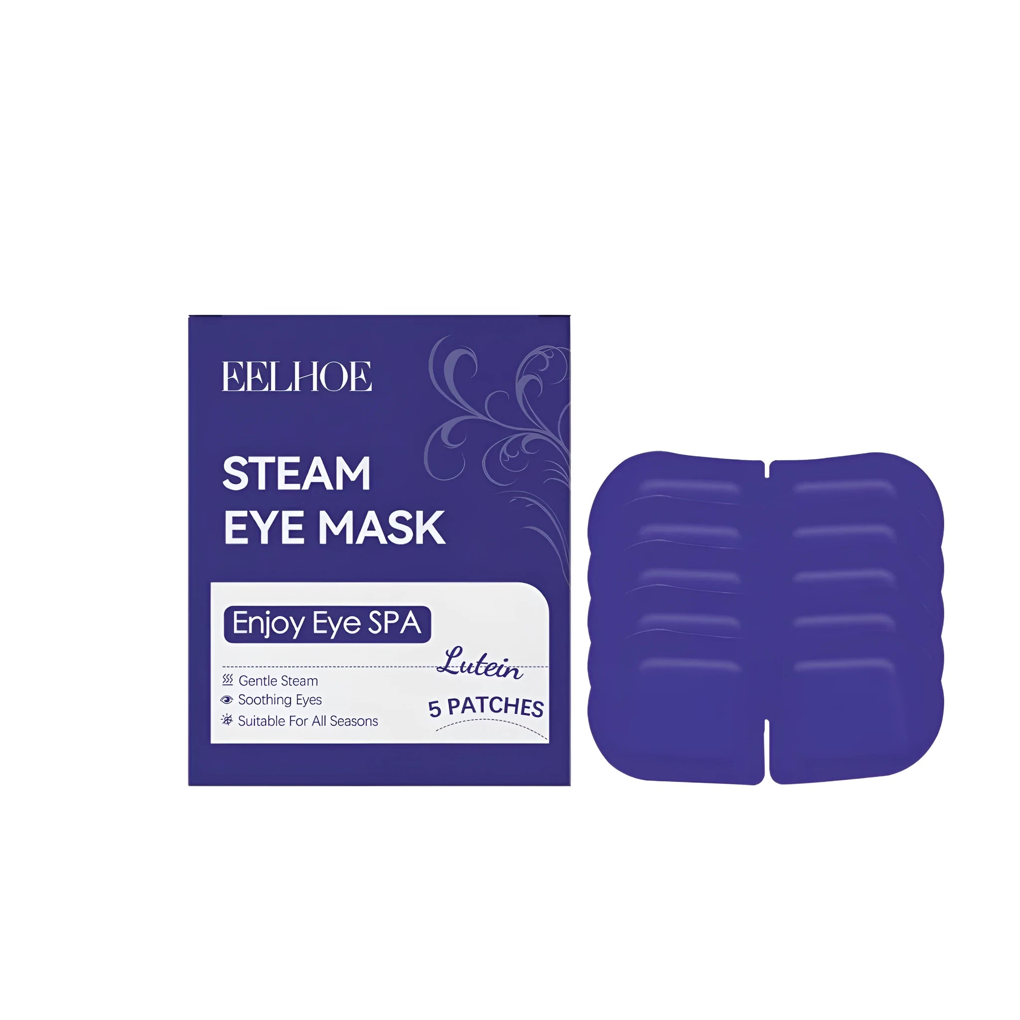 Pack of five lutein steam eye masks with cranberry extract, showing self-heating disposable patches