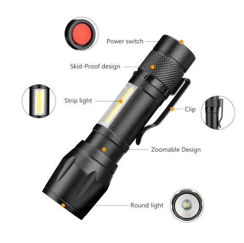 Black mini aluminium alloy telescopic LED flashlight with pocket clip, showing zoom adjustment.