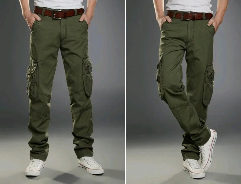 Men's cotton multi-pocket overalls in army green, straight-leg casual trousers for outdoor sports