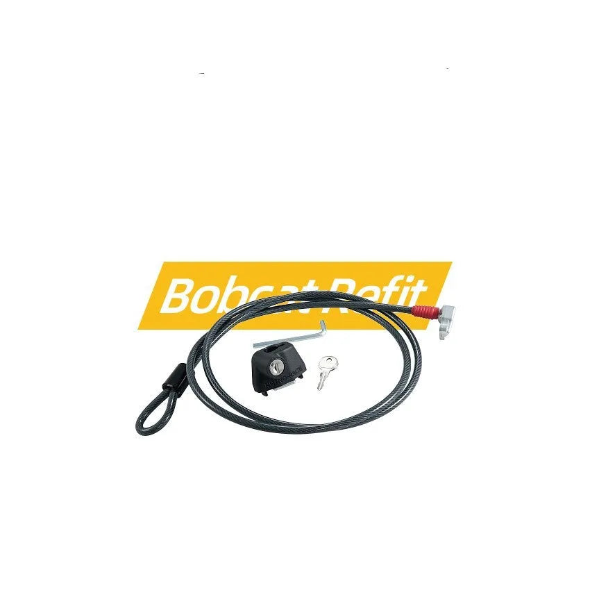 Plastic-sheathed steel cable lock for securing a kayak on a roof rack.