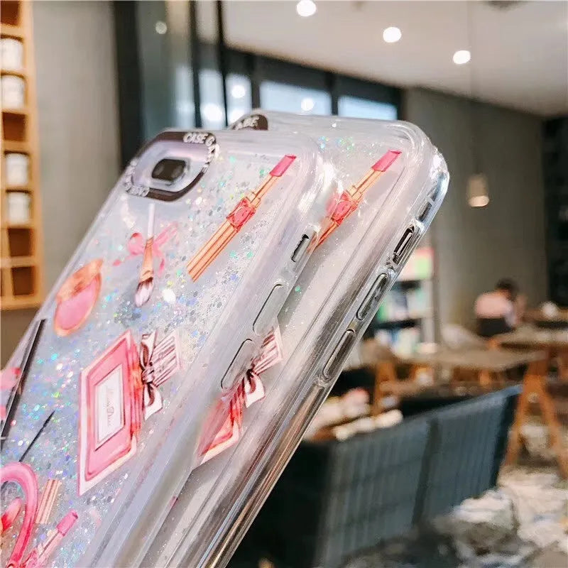 Pink cosmetic liquid quicksand phone case for iPhone XR with dynamic glitter effect