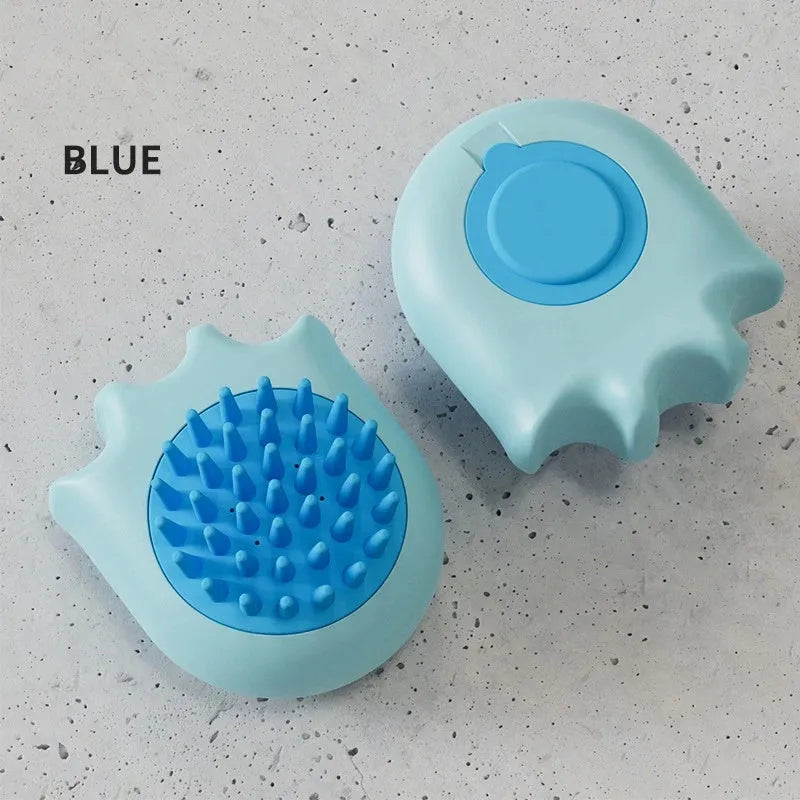 Pet bath brush with integrated shampoo box in blue, orange or yellow colours for cat and dog washing