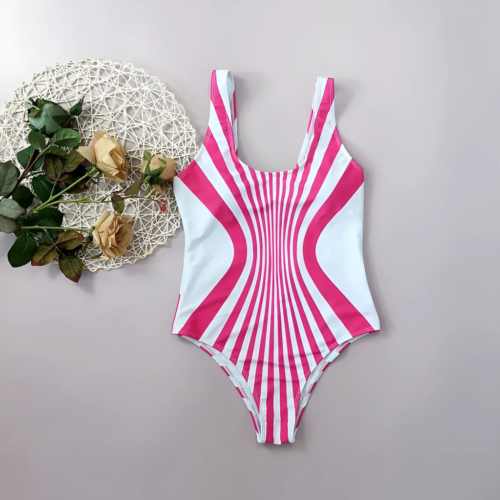 Pink striped one-piece swimsuit for women with digital print front and back.