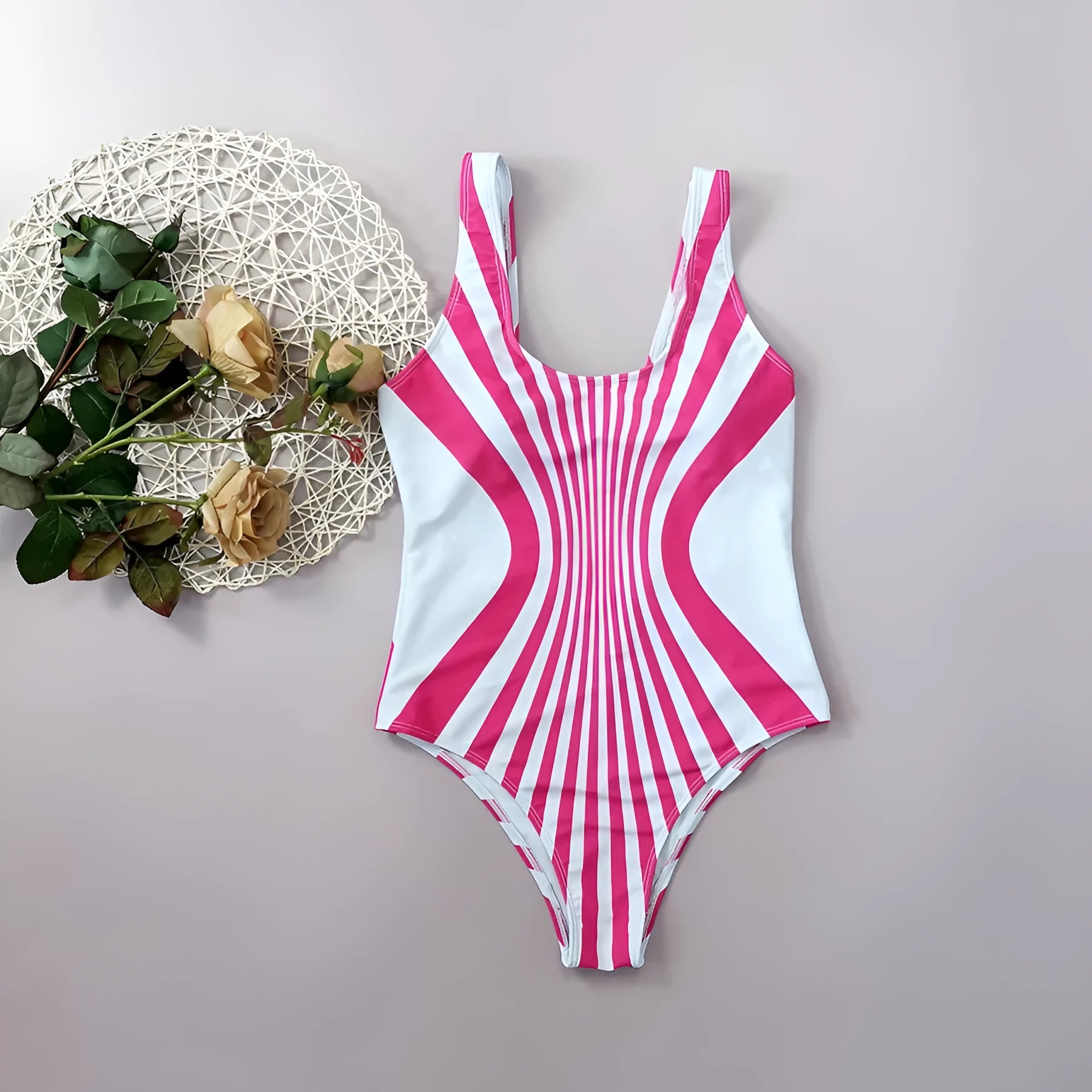 Pink striped one-piece swimsuit for women with digital print front and back.