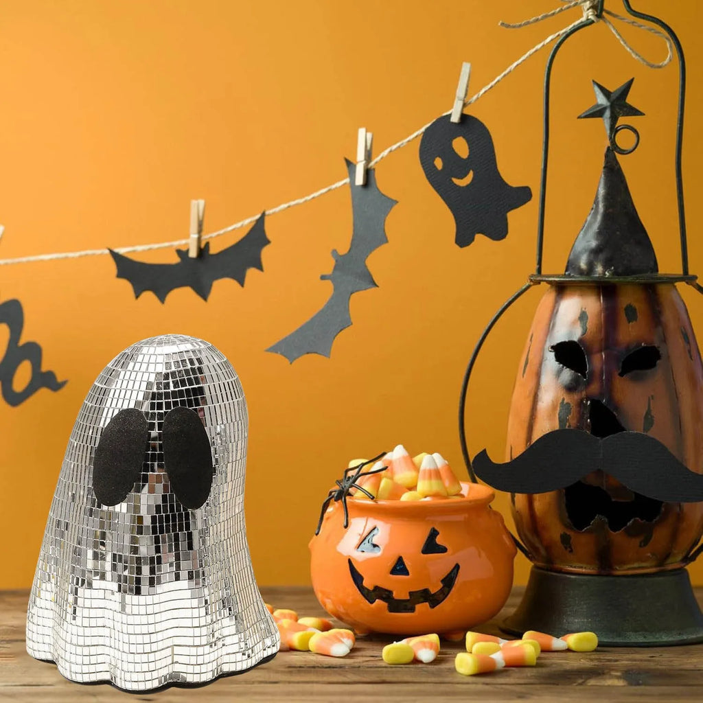 Silver Halloween ghost mosaic decoration made from embroidered glass with detailed inlay patterns
