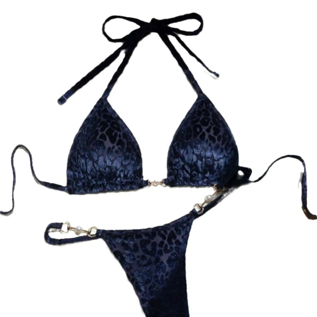 Women's leopard print swimsuit bikini in blue on yellow background