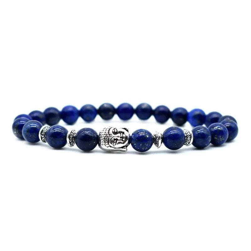 Handcrafted amethyst Buddha head bracelet with tiger eye beads measuring 19mm