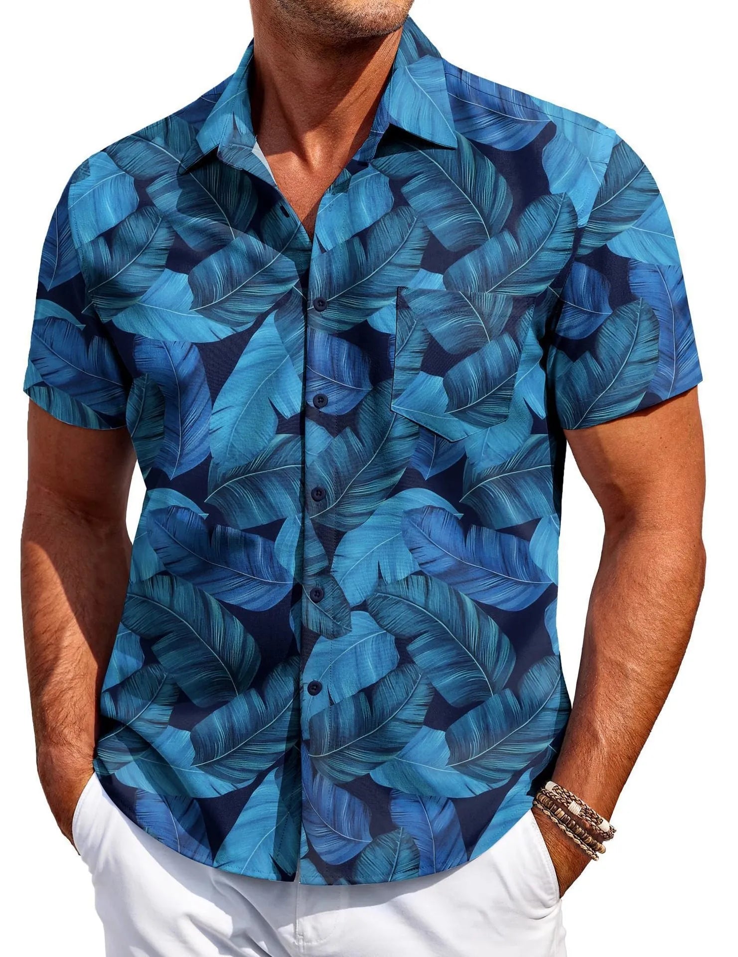 Men's slim fit Hawaiian shirt with short sleeves and digital printed pattern in cardigan style