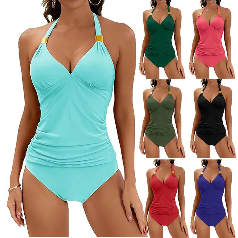 Women's red halter tie two piece swimsuit with high leg briefs on a mannequin.