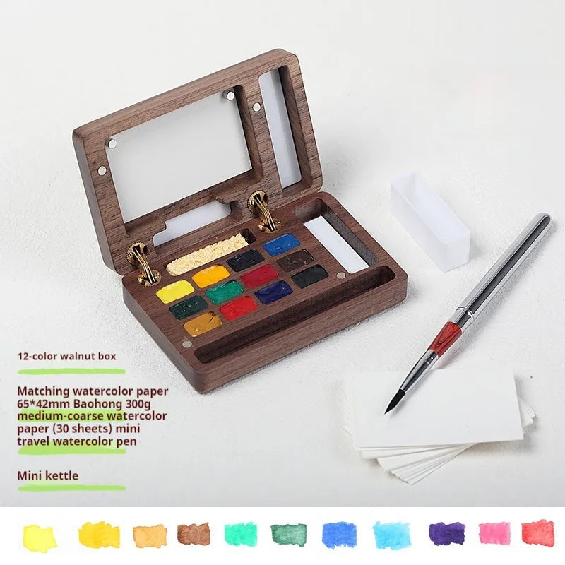 Mini walnut watercolour paint box with pigment sets and leather carrying bag