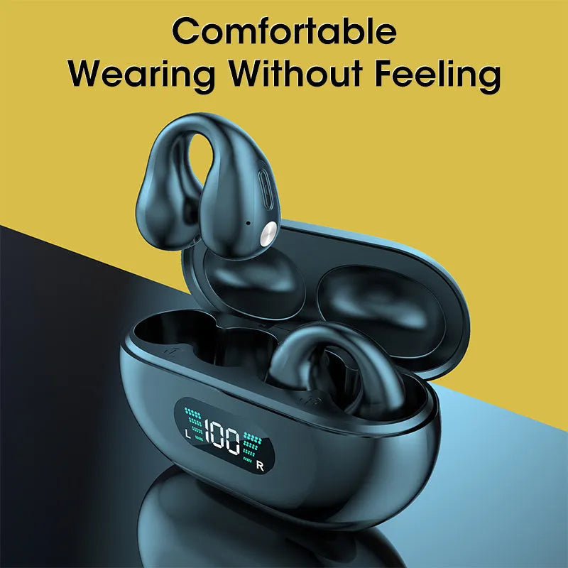 Q80 bone conduction Bluetooth headset clip in black, showing ear clip design for open-ear listening.