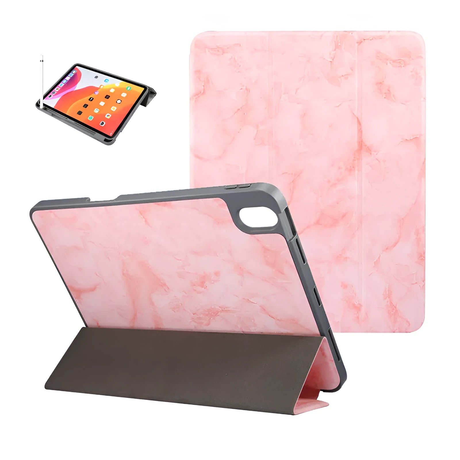 Dark grey tri-fold marbling imitation leather iPad case with a visible slot for an Apple Pencil.
