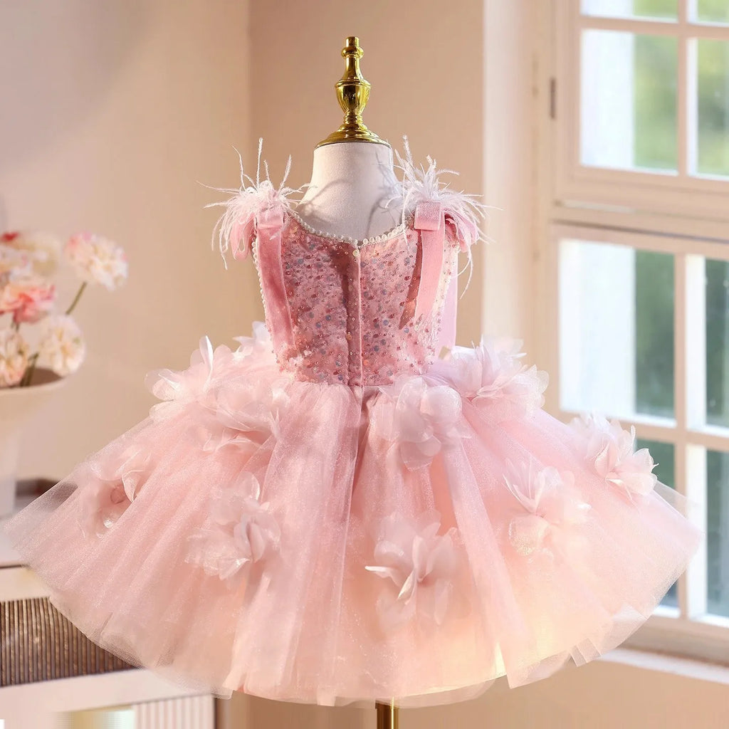 Pink polyester girls' princess dress for piano recital, suitable for height 80-150cm