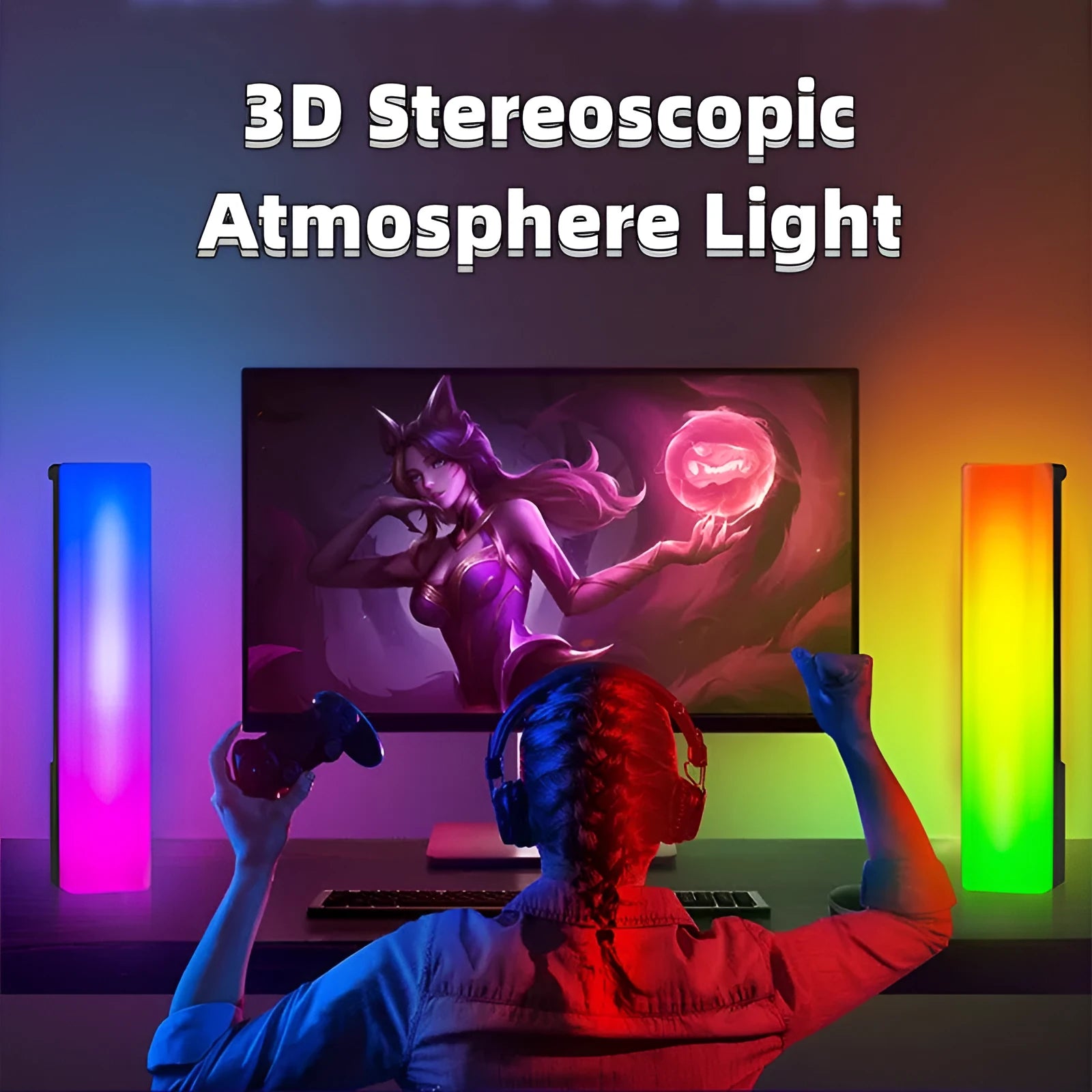 Black and white 3D RGB voice-activated music rhythm ambiance lamp on a tabletop.